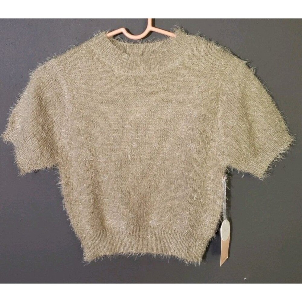 Blashe Fuzzy Crop Sweater Top Women's Large NWT Olive Mock Neck Short Sleeve